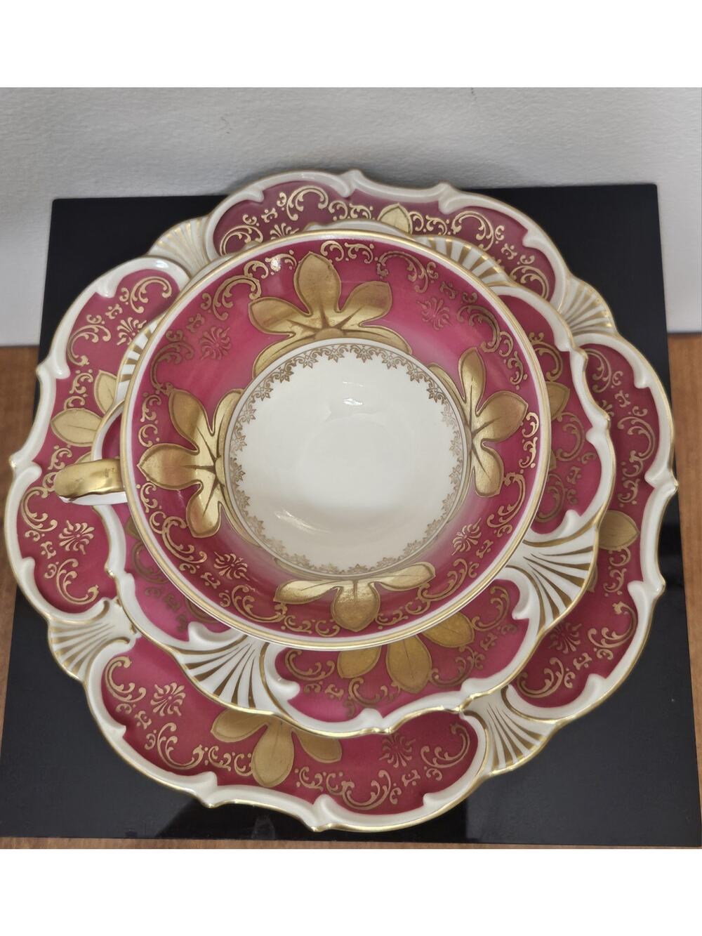 Vintage Edelstein Bavaria Pink Gold Tea Trio Cup Saucer Plate Hollywood Regency